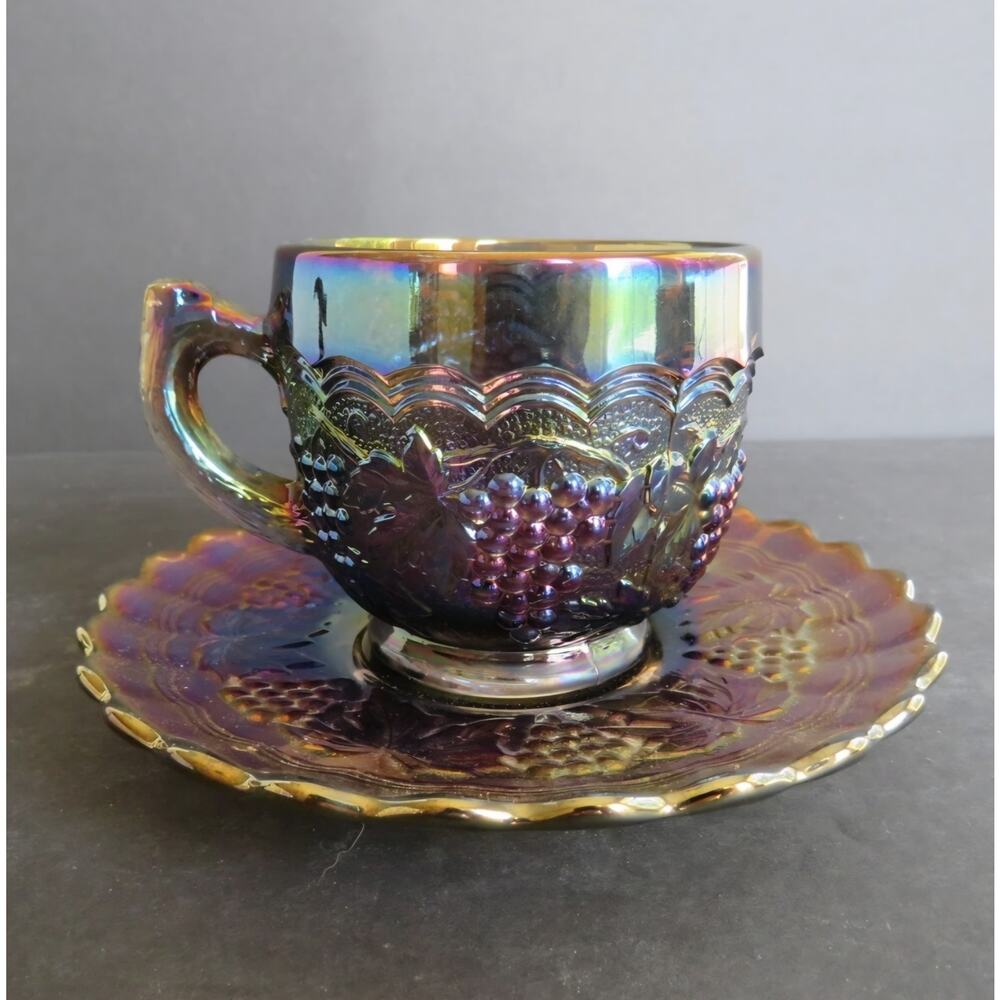 Imperial Glass Carnival Blue Grape Punch Cup & Saucer Set NOS Ohio
